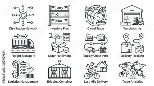 Supply chain management concepts icon pack with distribution logistics with representing various supply white icons representing collection black white
