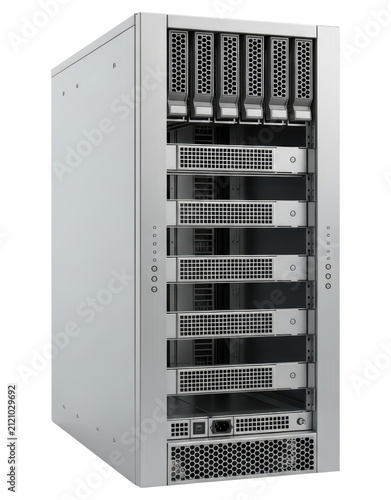 Modern server rack cabinet for data center equipment storage with transparent background