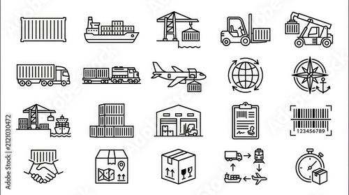 Shipping and logistics icons set for global transportation with displays collection black white line drawn icons related shipping supply chain