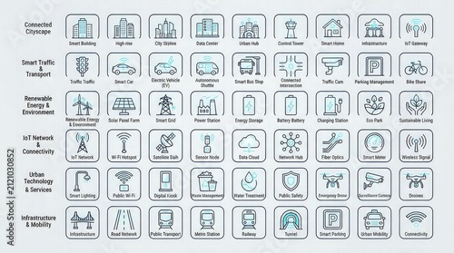 Smart city infrastructure icons with displays collection smart traffic management renewable energy green technology urban planning eco friendly