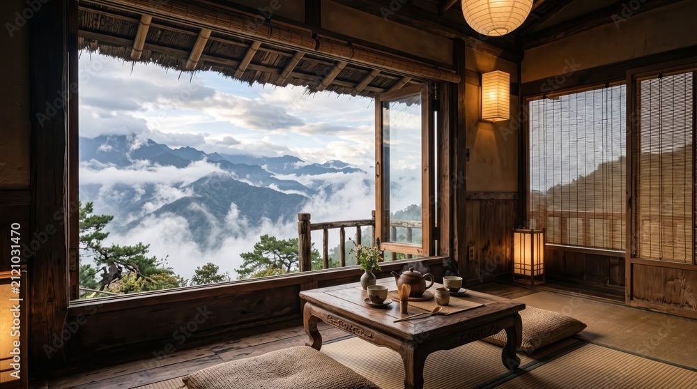 Obraz premium Traditional tatami room with low wooden table and tea set framed by large open window overlooking misty mountain landscape. serene mountaintop retreat with soft lantern light and natural materials.