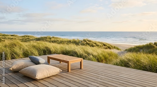 A serene wooden deck overlooking grassy sand dunes and the ocean during a peaceful morning sunrise