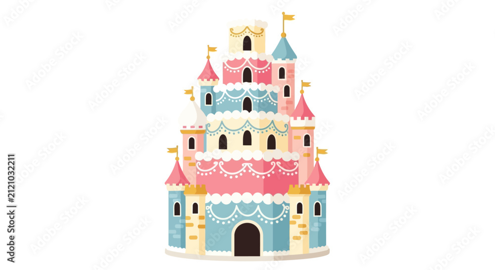 Naklejka premium Fairytale Castle Illustration Shaped Like A Multi-Layered Birthday Cake