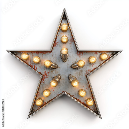 Vintage star marquee light with glowing bulbs. Retro metal sign for festive decor.