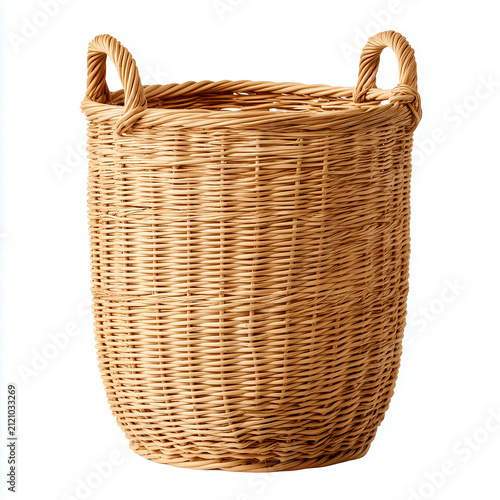 Woven rattan basket isolated on white. Empty wicker laundry hamper for home organization.