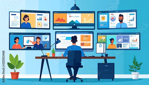 Business professional working on multiple computer screens.