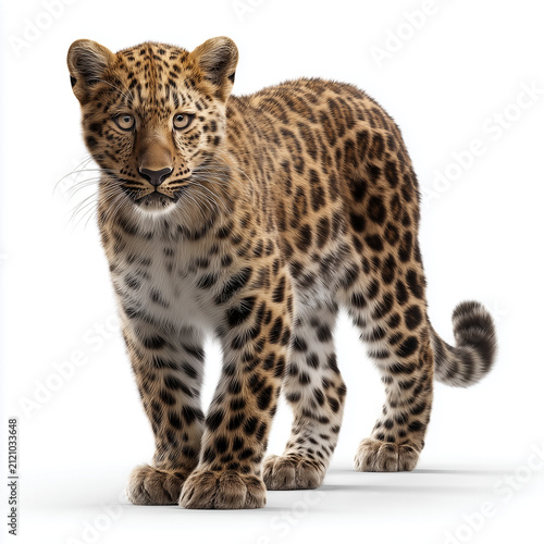 Young leopard standing on white background. Wild spotted cat looking at the camera.