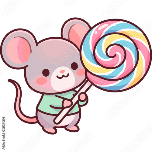 Cute Kawaii Cartoon Mouse Holding a Large Colorful Rainbow Lollipop Candy Illustration on White Background