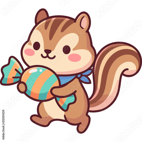 Cute Kawaii Chipmunk Holding a Colorful Striped Candy Illustration