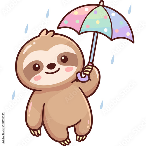 Cute Cartoon Sloth Character Holding a Colorful Polka Dot Umbrella Walking in the Rain for Children Book Illustration