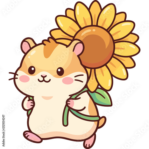 Cute cartoon hamster walking happily with a bright yellow sunflower on its back