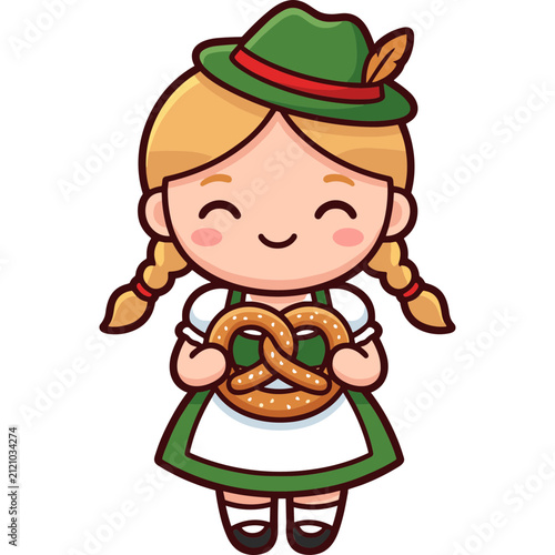 Cute Bavarian Girl Character Illustration Featuring Traditional Dirndl Costume Holding A Salted Pretzel Snack For Oktoberfest Celebrations