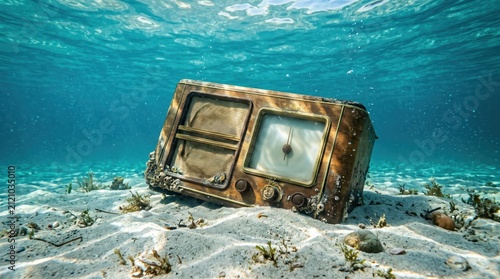 Old wooden radio partly buried in sand tilted on ocean floor with clear water, soft sunlight and surrounding seagrass suggesting long term submersion