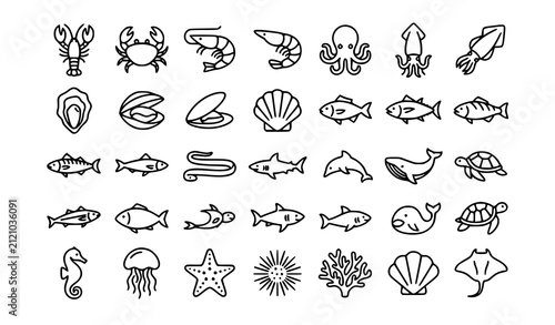 Seafood and Sea Animal Linear Icon Set with Editable Outline Vector Collection