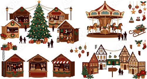 Large Vector Collection of Christmas Market Elements Featuring Wooden Stalls Carousel Merry-Go-Round Pine Trees and Winter Village Holiday Clipart