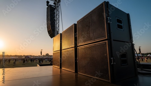 Powerful professional outdoor speaker sound system stacked on a festival stage during golden hour sunset live music concert for event audio production concept