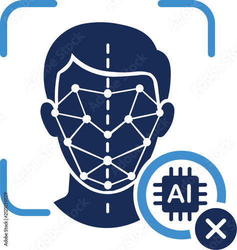 AI Deepfake Detection Concept Icon featuring Biometric Facial Recognition Mesh Grid and Rejected Fake Synthetic Media Badge