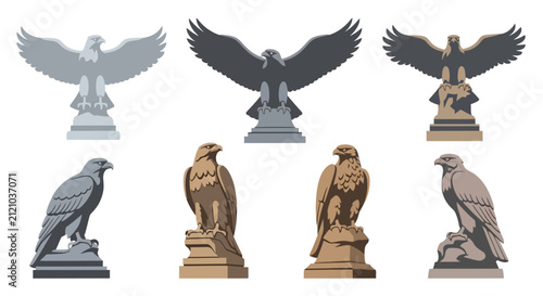Set of Eagle Statues and Heraldic Bird Sculptures in Different Poses