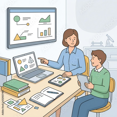 Teacher Guiding a Student Through a Digital Math Lesson