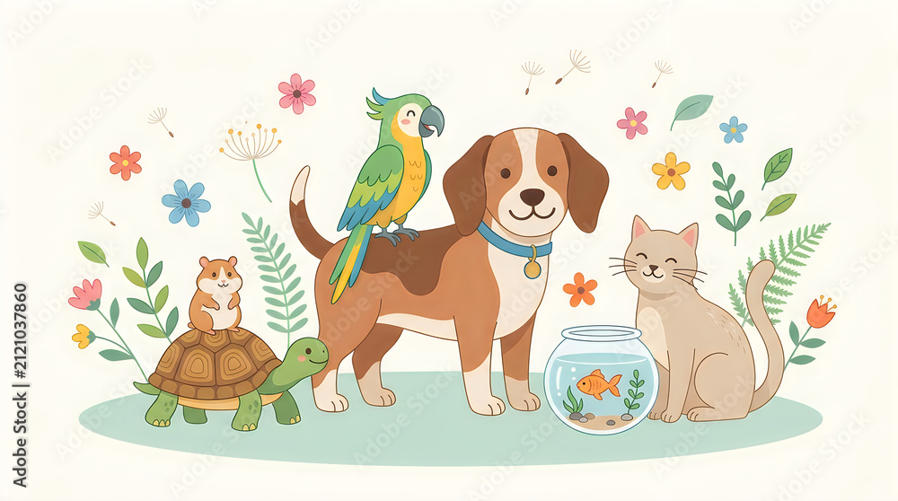 Naklejka premium A charming group of domestic animals including a dog, cat, parrot, turtle, hamster, and goldfish gathered together in a lovely flower garden setting