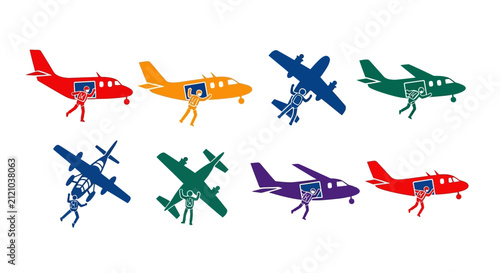 Set of Colorful Parachuting Skydiver and Airplane Silhouettes