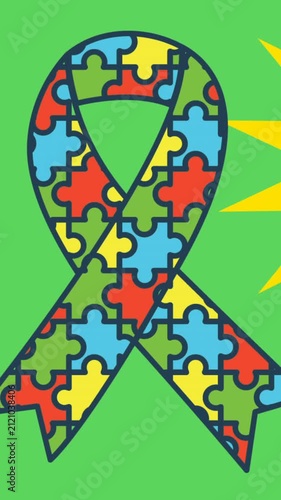 Animation of ribbon formed with autism awareness puzzles over clouds and sun on green sky