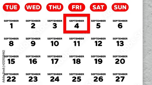 Red cursor highlighting September 4th on a 2026 wall calendar page