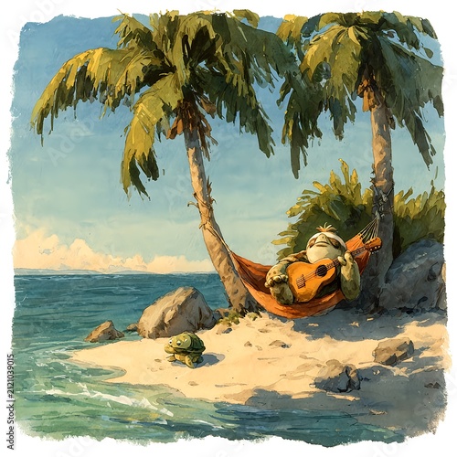 Sloth Playing Guitar with Turtle on Tropical Beach