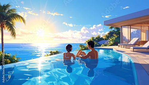 Couple enjoying infinity pool at luxury beach resort at sunset.