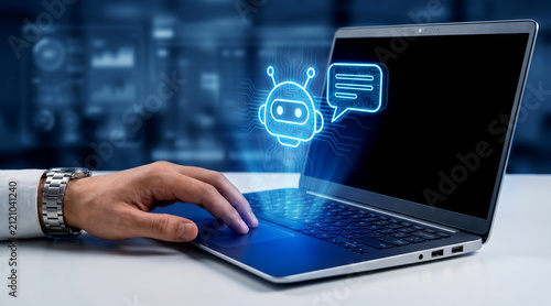 Professional hand interacting with glowing digital artificial intelligence chatbot interface on laptop computer screen