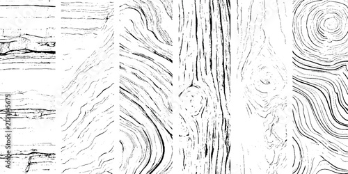 Set of six black and white wood grain texture patterns with knots and swirls