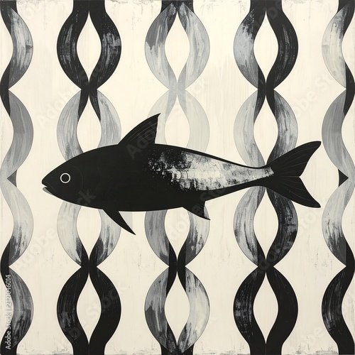 Black Fish Silhouette on Abstract Wave Pattern Background.