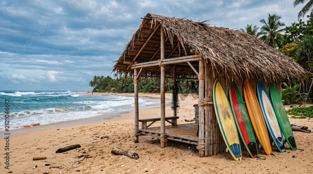 Obraz premium Rustic thatched surf shack with colorful surf boards leaning against hut on tropical sandy beach under cloudy sky and rolling waves outdoor coastal retreat atmosphere