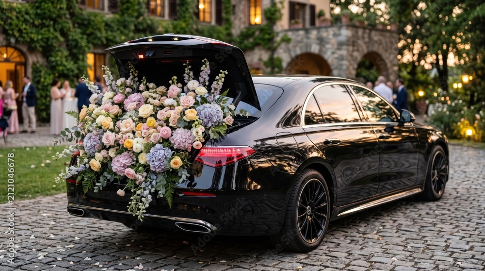 Fototapeta premium Black luxury sedan with open trunk overflowing with pastel floral arrangement on cobblestone driveway outside stone venue at dusk, wedding arrival and elegant celebration atmosphere
