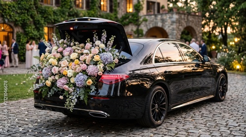 Black luxury sedan with open trunk overflowing with pastel floral arrangement on cobblestone driveway outside stone venue at dusk, wedding arrival and elegant celebration atmosphere