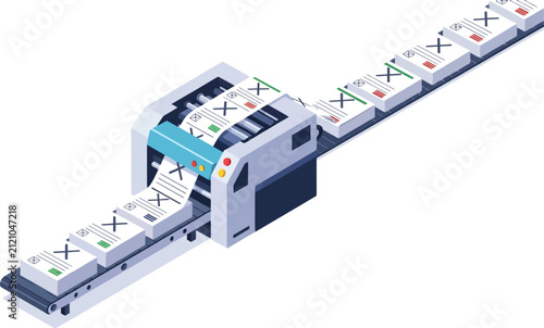 Isometric printing machine prints ballot papers on conveyor belt for election collection set