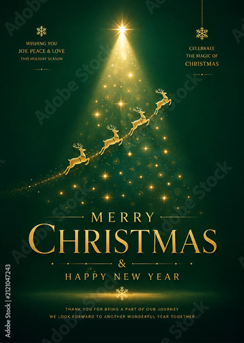 Minimal Christmas Greeting Card with Glowing Light Christmas Tree on Green Background