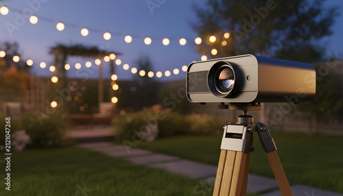 Sleek modern movie projector on wooden stand setup in a domestic backyard garden for an outdoor movie night cinema entertainment concept at dusk with string lights