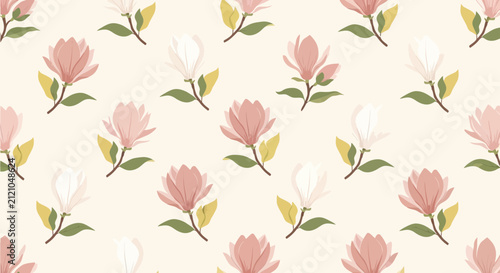 Seamless Magnolia Blossom Pattern - Pink and White Floral Background