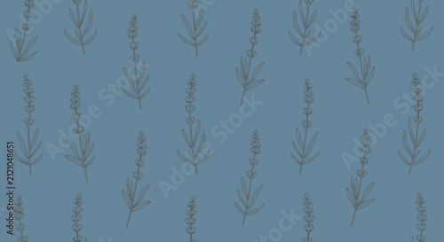 Seamless Pattern of Delicate White Lavender Sprigs on Dusty Blue Background
