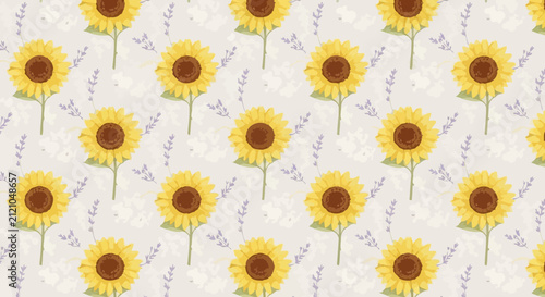 Seamless pattern of sunflowers and lavender flowers on a textured background.