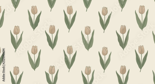 Seamless pattern of beige tulips and green leaves on a cream background