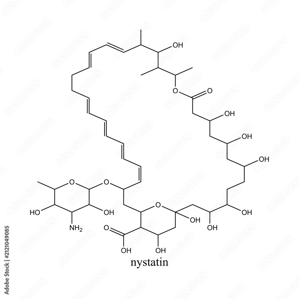 Fototapeta premium Skeletal chemical structure of Nystatin, a polyene antifungal medication used to treat Candida infections. Scientific molecular illustration isolated on white.