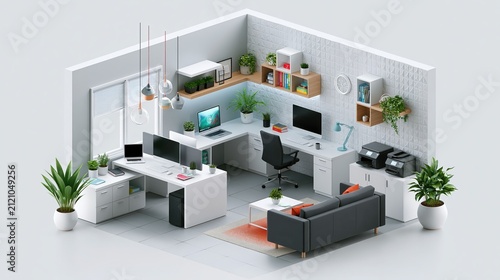 Modern office interior with ergonomic workstations and plants during daylight