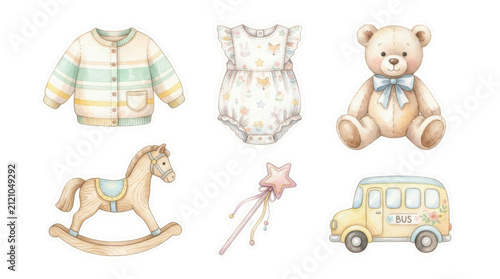 Baby clothing and toys watercolor elements with gentle pastel hues on a transparent background
