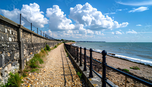 Coastal Path with Stone Wall and Ocean View Under Blue Sky.