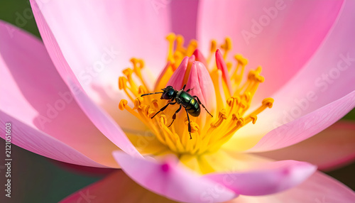 Close-up of a bee collecting nectar from a vibrant pink lotus flower.