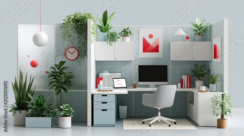 Modern office cubicle with lush green plants and minimalist decor during bright daylight