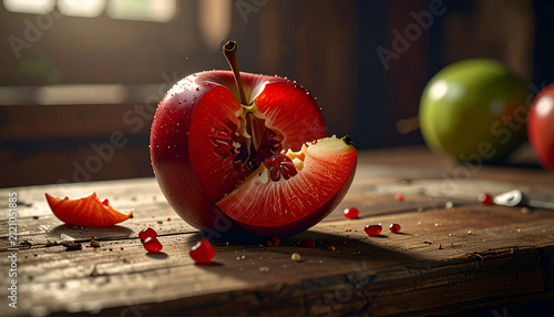 Close-up of a Ripe Red Apple with a Bite Taken Out on a Rustic Wooden Table.