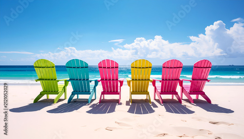 Colorful Adirondack Chairs Lined Up on a Tropical Beach Under a Blue Sky.